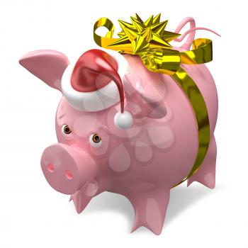 3D Illustration of a New Year Pig in a Cap with Bow on White Background