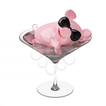 3D Illustration Pig in a Wine Glass on White Background
