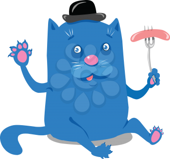 Stock Illustration Blue Cat with Sausage on a White Background