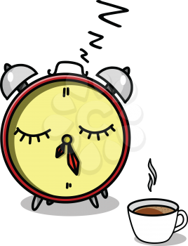Stock Illustration Alarm Clock and Cup of Coffee on a White Background