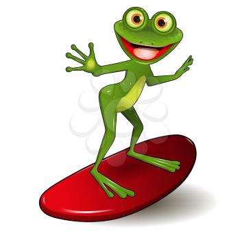 Stock Illustration Cheerful Green Frog Surfer on a Red Surf