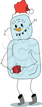 Stock Illustration Funny Snowman with Gift on a White Background