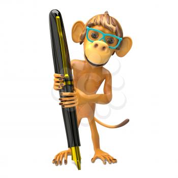 3D Illustration of a Monkey Wearing Glasses with a Pen on White Background