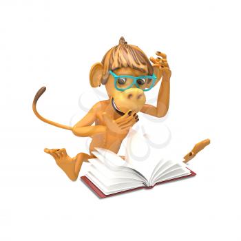 3D Illustration of a Monkey with a Book on White Background
