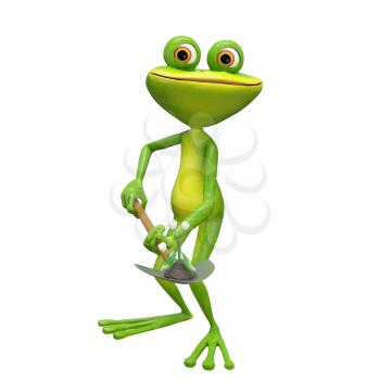 3D Illustration of a Frog with a Flower on a Shovel on a White Background