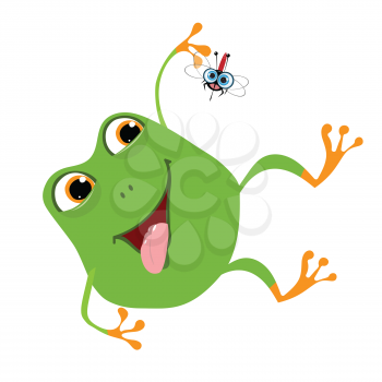 Stock Illustration Merry Cartoon Frog and Mosquito on a White Background