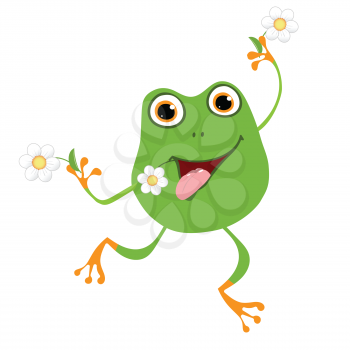 Stock Illustration of a Green Frog and Daisies on a White Background