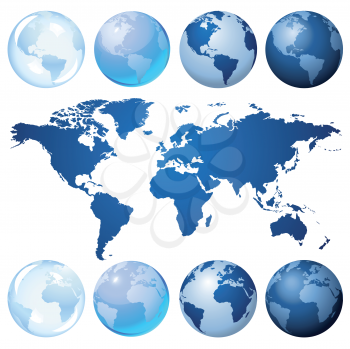 Royalty Free Clipart Image of Blue Globes and Map