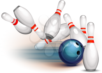Royalty Free Clipart Image of a Bowling Ball Crashing into Pins