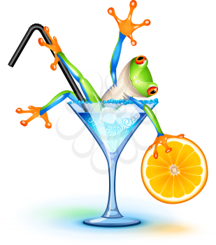 Royalty Free Clipart Image of a Tree Frog in a Blue Lagoon Cocktail