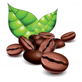 Royalty Free Clipart Image of Coffee Beans and Leaves