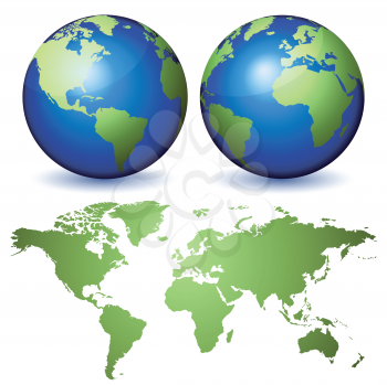 Royalty Free Clipart Image of Two Globes and World Map