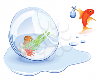 Royalty Free Clipart Image of a Goldfish Moving From His Spilled Fishbowl
