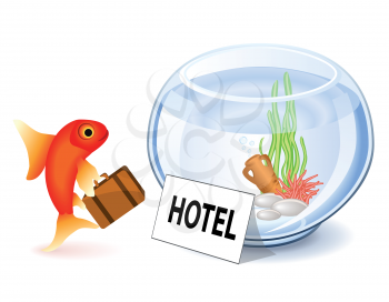 Royalty Free Clipart Image of a Goldfish Arriving at a Hotel