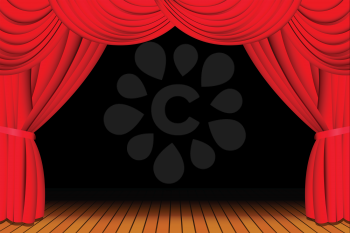 Royalty Free Clipart Image of a Stage with Red Curtains