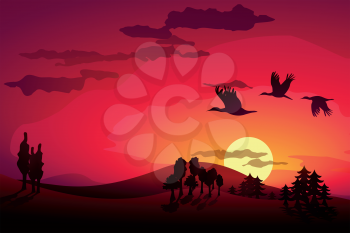 Royalty Free Clipart Image of a Sunset Landscape with Flying Storks