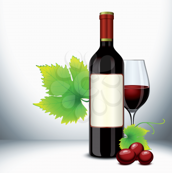 Red wine bottle and filled glass with vine