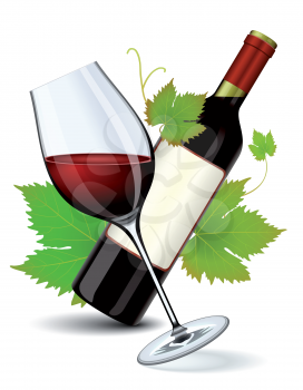 Royalty Free Clipart Image of a Red Wine Bottle and Glass