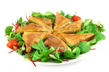 samosas and salad on a plate, isolated on white