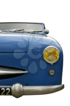 Vintage blue car, face view, isolated on white with clipping path
