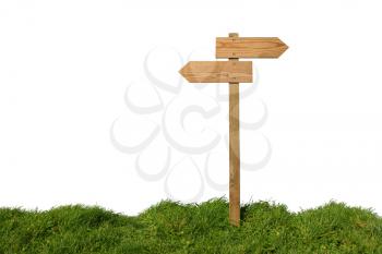 Wooden direction sign isolated on white, clipping path included