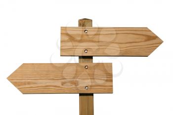 Wooden direction sign isolated on white, clipping path included