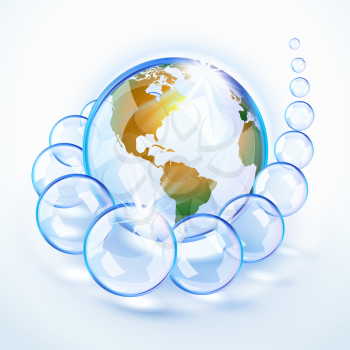 Royalty Free Clipart Image of a Globe Surrounded by Bubbles