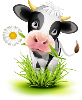 Royalty Free Clipart Image of a Holstein Cow With a Daisy in Grass