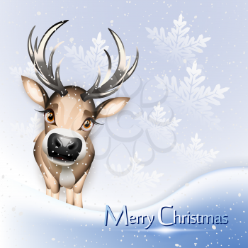 Christmas blue card with cute reindeer over snow