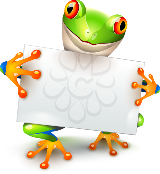 Little tree frog holding a white card for a message