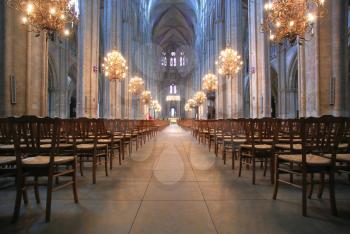 The nave and the chandeliers of Saint-Etienne Cathedral, Bourges, Centre, France