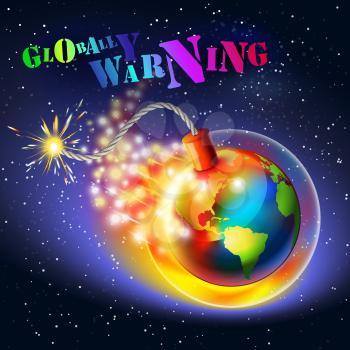 Global warming warning concept. Ozone hole, ultraviolet and greenhouse effect, colored text message.
