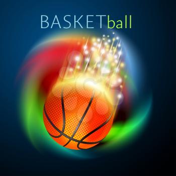 basketball ball flying over rainbow background. Bright and shiny vector motion effects.