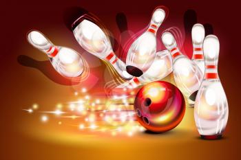 Bowling game strike over dark red background, red bowling ball crashing into the pins