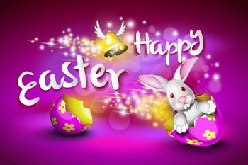 Happy Easter greeting card, a funny rabbit is driving a decorated egg shell over a pruple background