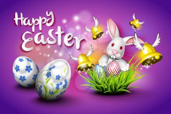 Happy Easter, eggs, bells and rabbit over purple background