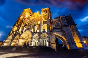 West facade of Saint-Etienne Cathedral at dusk, Bourges, Centre-Val de Loire, France