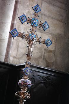 Christian processional cross with blue goldsmithery