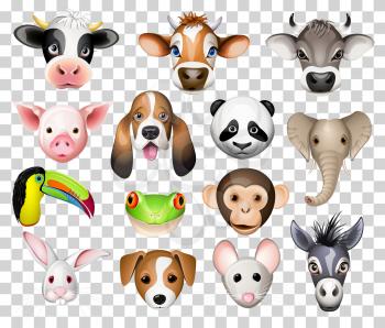 Illustration set of cartoon animals with cow, pig, basset dog, panda, elephant, toucan, frog, donkey, rabbit, mouse and donkey
