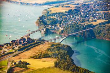 Aerial view over the Rance river and the two bridges in Brittany, France