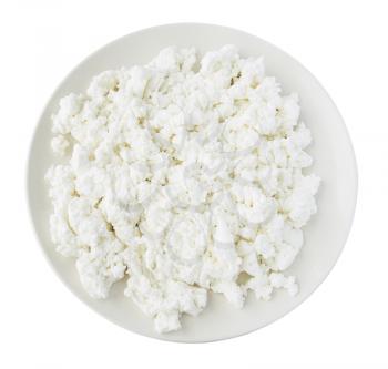 Round plate filled with cottage cheese isolated on white background