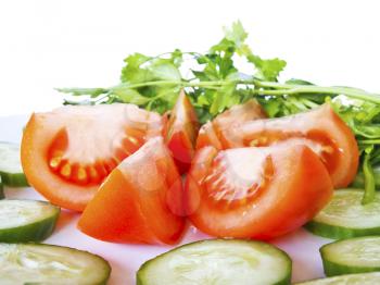 Tomatoes and cucumber on the plate with white background