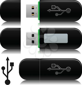 Portable usb flash  drive vector illustration with standard USB symbol.