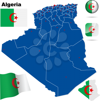 Algeria vector set. Detailed country shape with region borders, flags and icons isolated on white background.