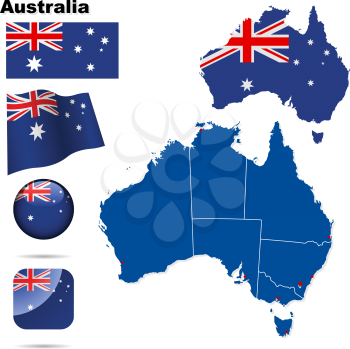 Australia vector set. Detailed country shape with region borders, flags and icons isolated on white background.