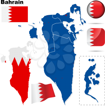 Bahrain vector set. Detailed country shape with region borders, flags and icons isolated on white background.