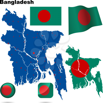 Bangladesh vector set. Detailed country shape with region borders, flags and icons isolated on white background.