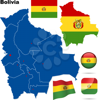 Bolivia vector set. Detailed country shape with region borders, flags and icons isolated on white background.