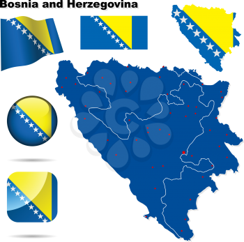Bosnia and Herzegovina vector set. Detailed country shape with region borders, flags and icons isolated on white background.