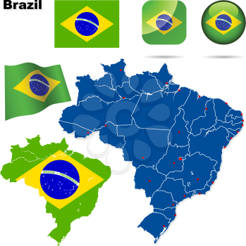 Brazil vector set. Detailed country shape with region borders, flags and icons isolated on white background.